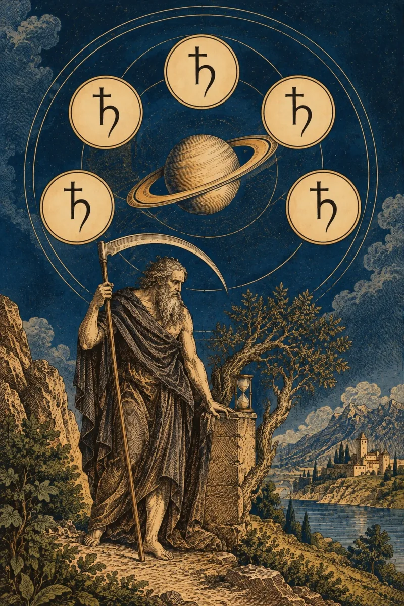 Etteilla-inspired Saturn scene with planetary symbols and the figure of Time.