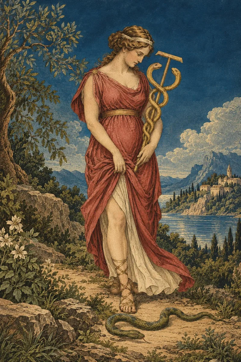 Etteilla-inspired Prudence figure observing a serpent in her path.