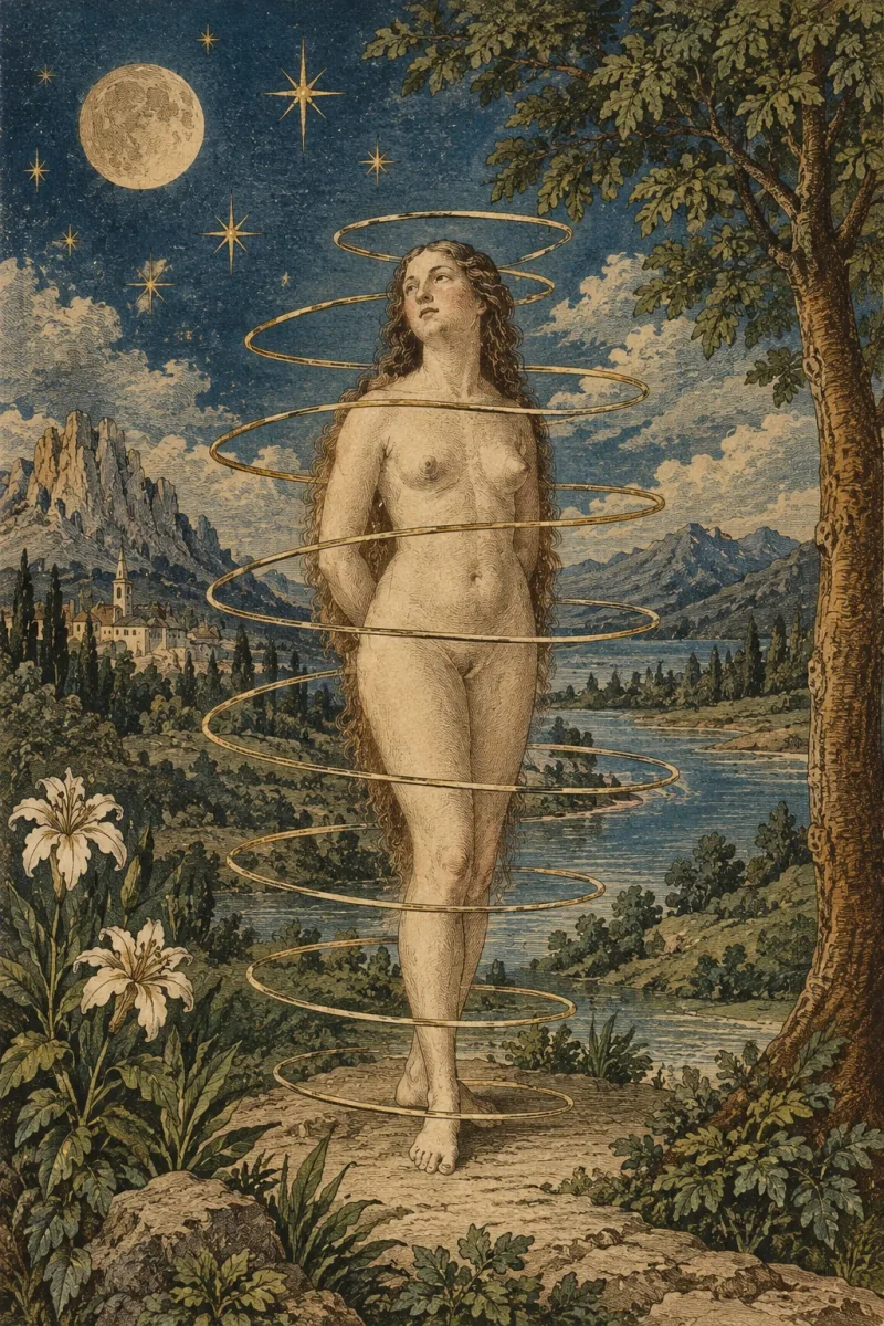 Etteilla-inspired Questionnante figure surrounded by symbolic rings in a celestial landscape.
