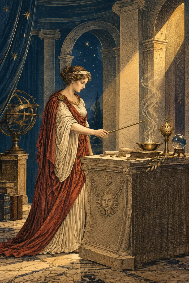 Etteilla-inspired female magician conducting a ritual at an altar.